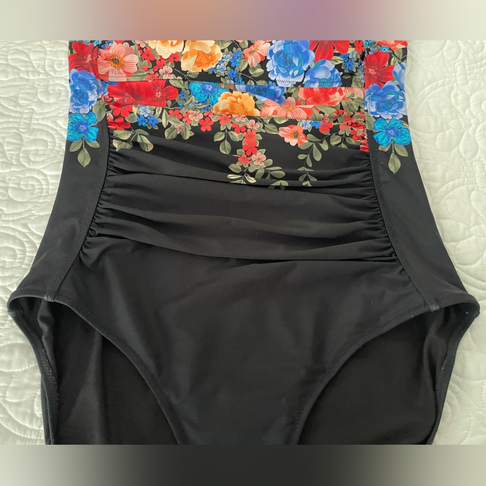 Johnny Was Black Royal Ruched One Piece Floral Swimsuit Sz 3X - Picture 5 of 14